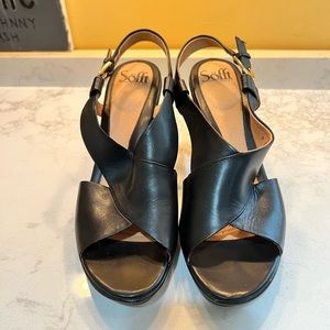 Sofft open toe platform heel, black leather, 8M